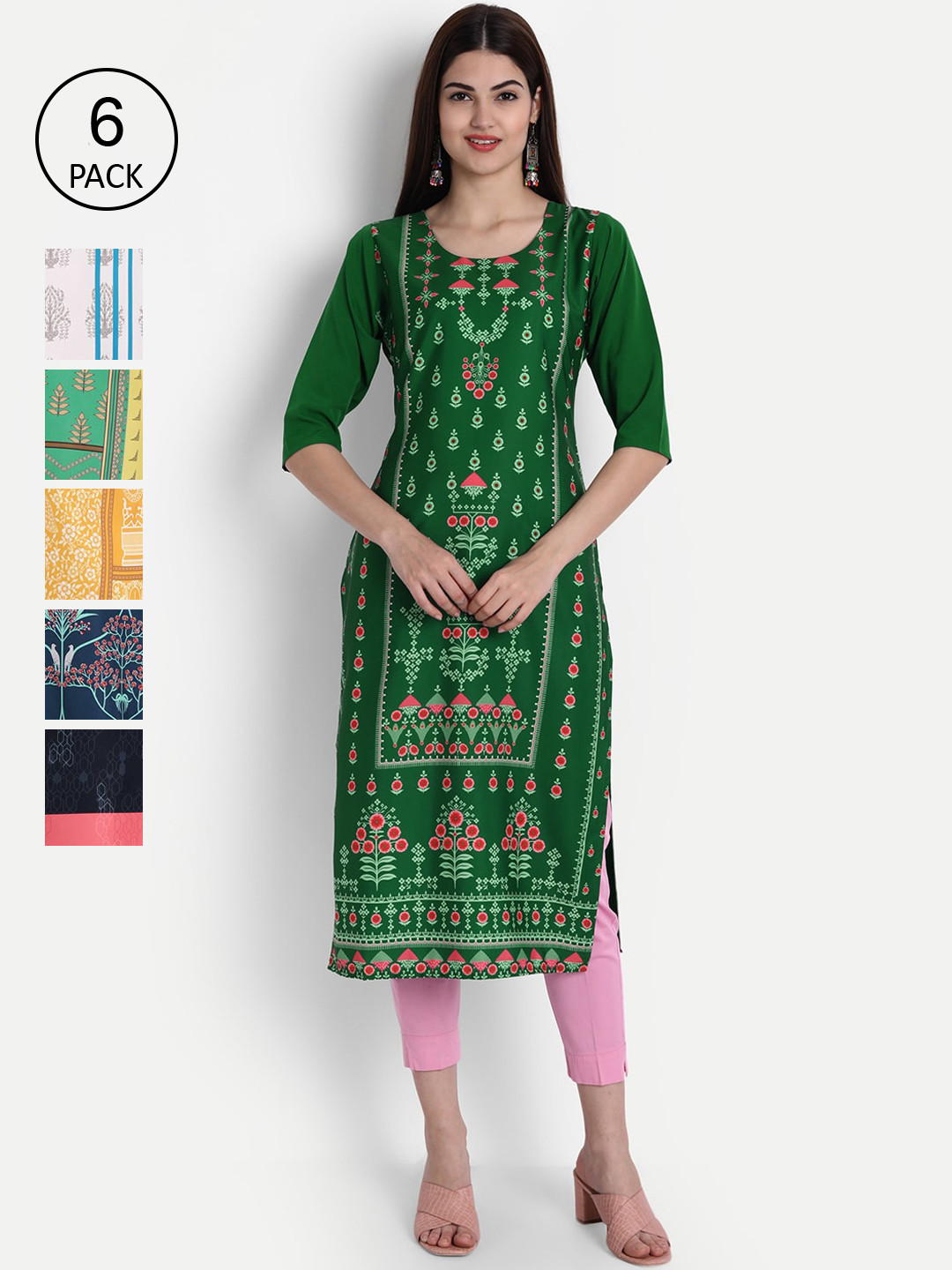 

1 Stop Fashion Women Pack Of 6 Kurtas, Green