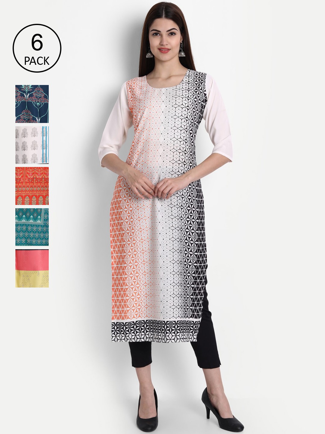

1 Stop Fashion Women Pack Of 6 Multicoloured Digital Printed Crepe Kurta, Multi