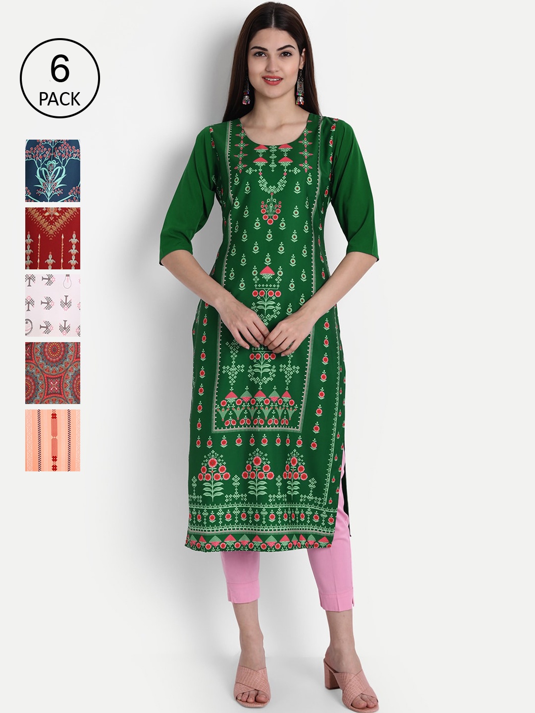 

1 Stop Fashion Women Pack of 6 Digital Print Straight Kurtas, Multi