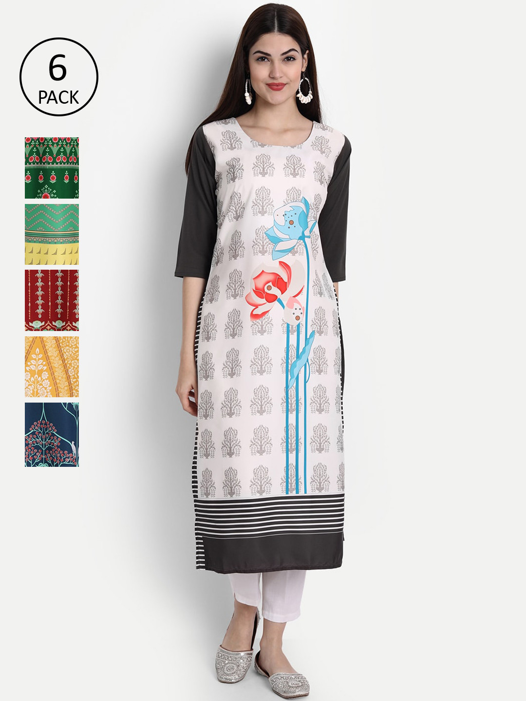 

1 Stop Fashion Women Pack of 6 Digital Print Straight Kurtas, Multi