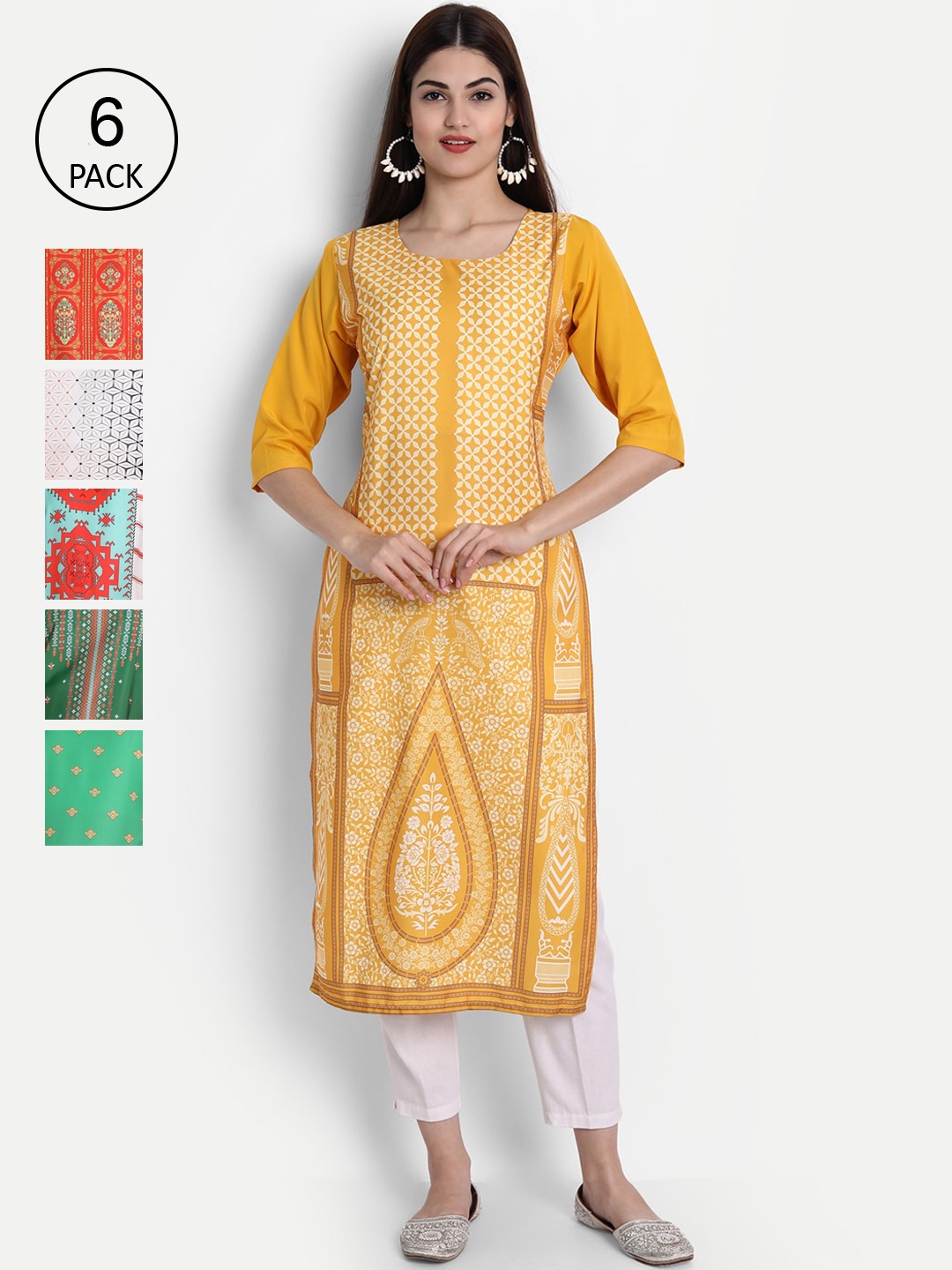 

1 Stop Fashion Women Pack Of 6 Multicoloured Digital Printed Crepe Kurta, Multi