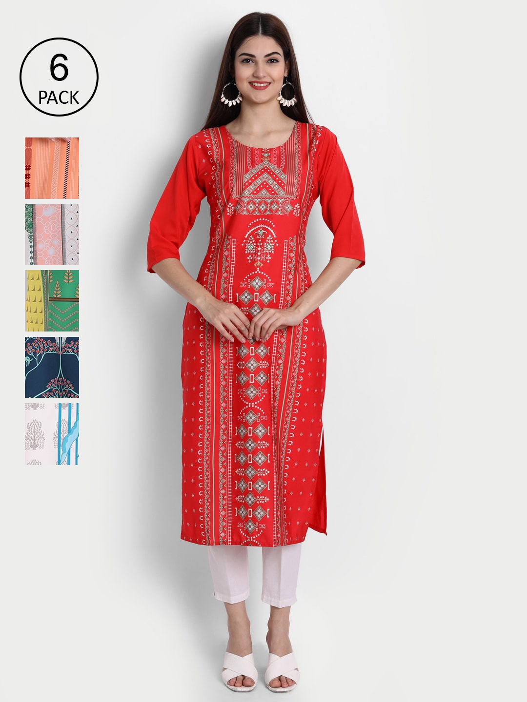 

1 Stop Fashion Women Pack of 6 Digital Print Straight Kurtas, Multi