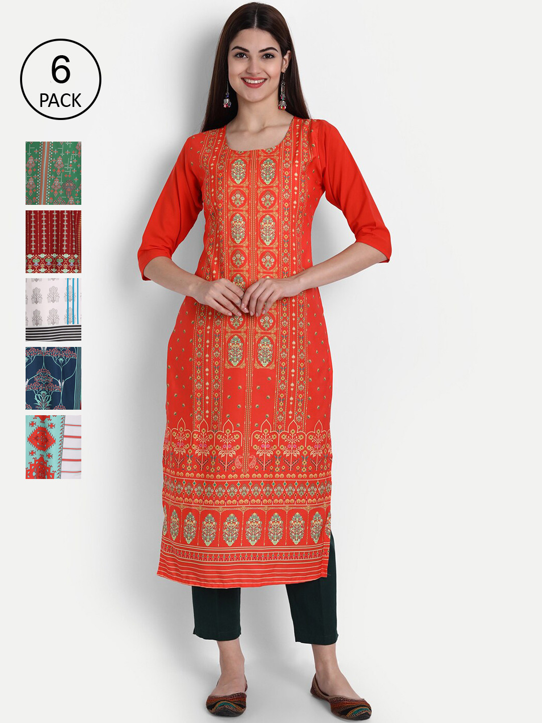 

1 Stop Fashion Women Pack of 6 Digital Print Straight Kurtas, Multi