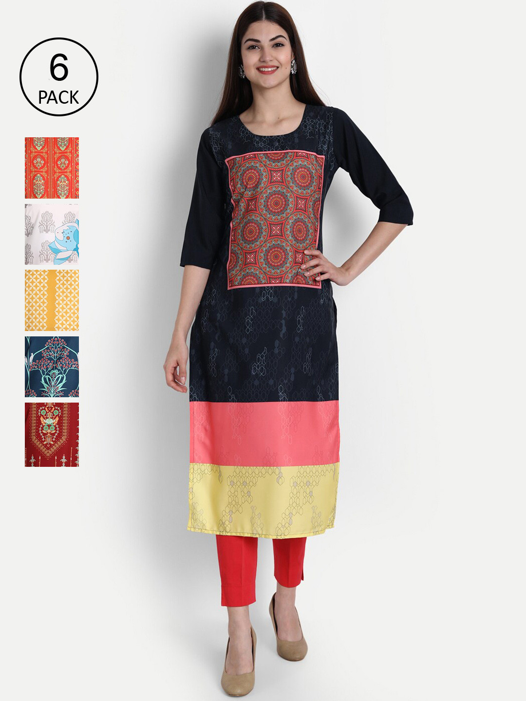 

1 Stop Fashion Women Pack of 6 Digital Print Straight Kurtas, Multi
