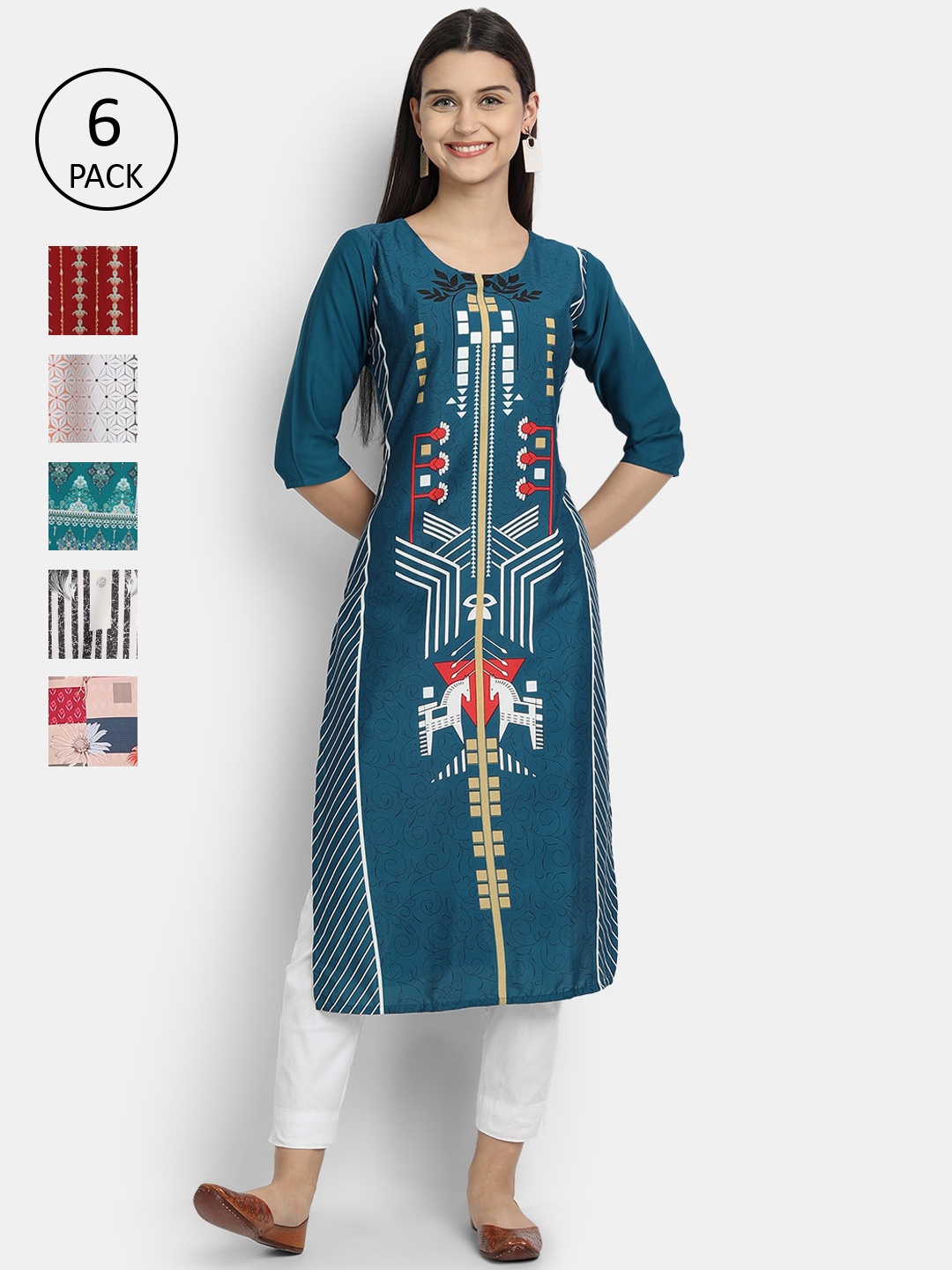 

1 Stop Fashion Women Pack Of 6 Multicoloured Digital Printed Crepe Kurta, Multi