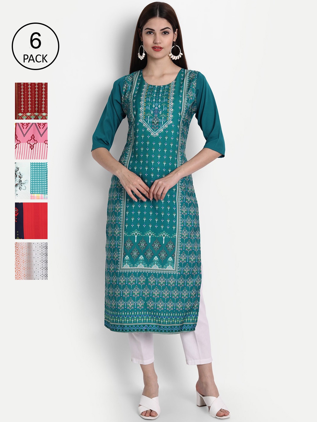 

1 Stop Fashion Women Pack of 6 Multicoloured Printed Straight Kurtas, Multi