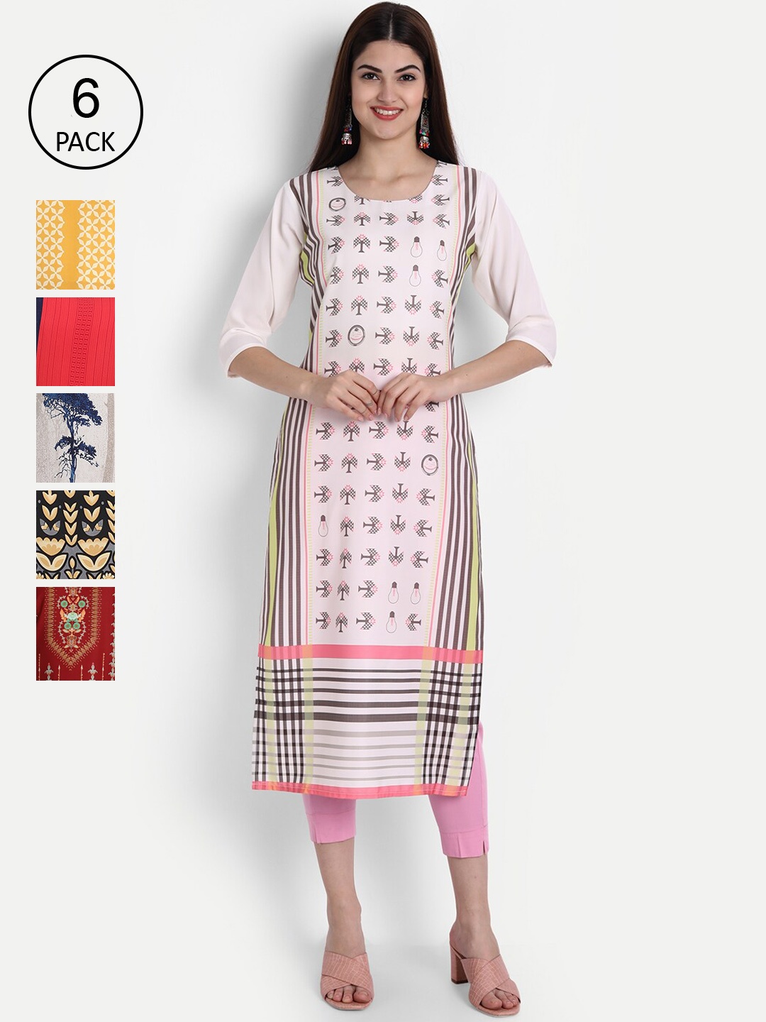 

1 Stop Fashion Women Pack of 6 Digital Print Straight Kurtas, Multi