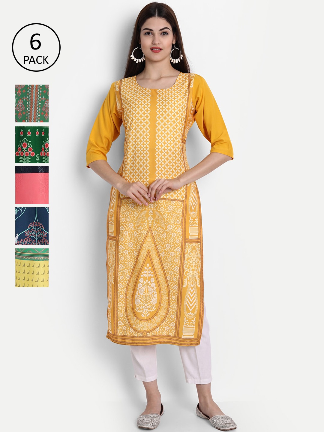 

1 Stop Fashion Women Pack of 6 Digital Print Straight Kurtas, Multi