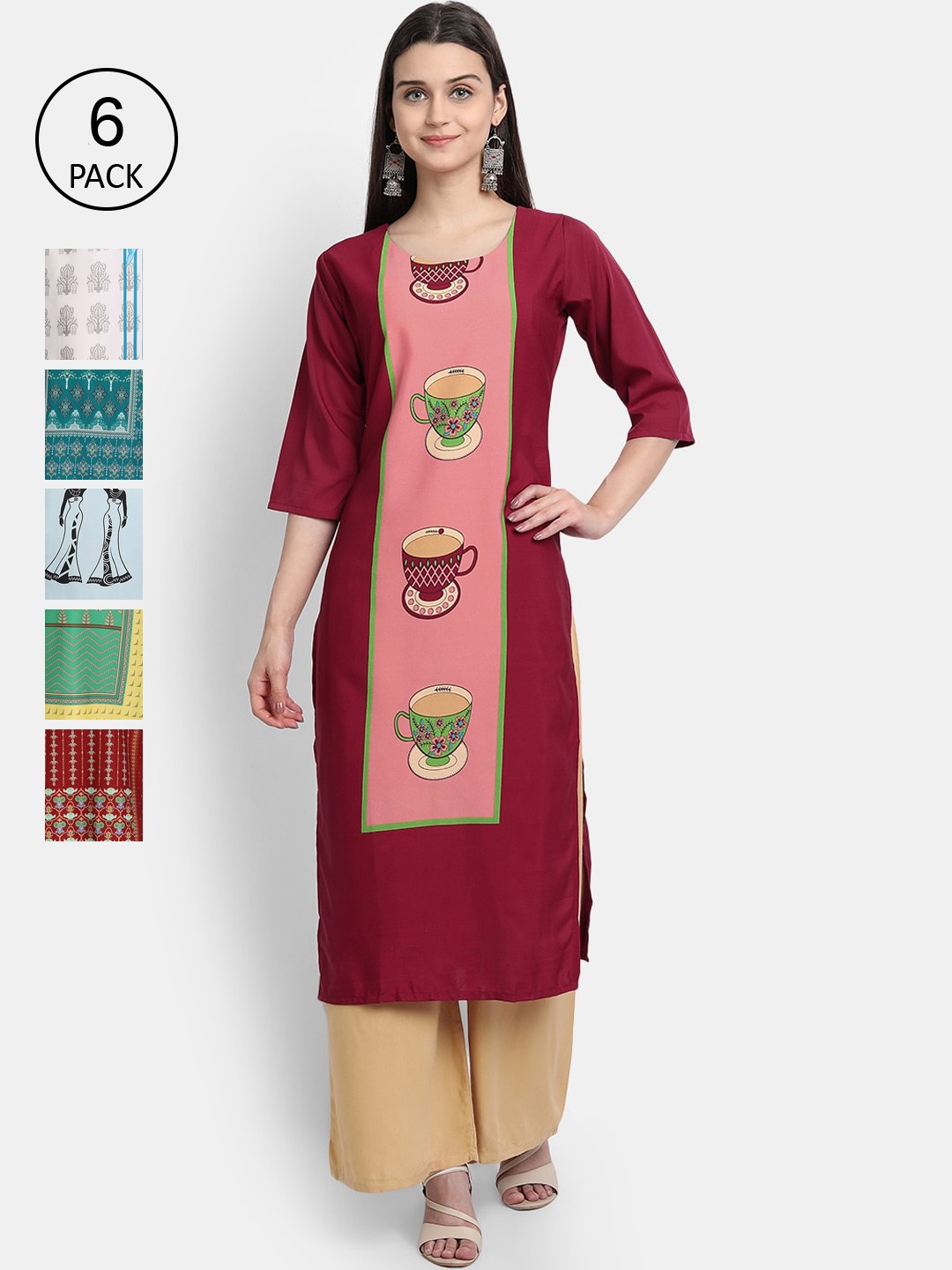 

1 Stop Fashion Women Pack of 6 Digital Print Straight Kurtas, Multi