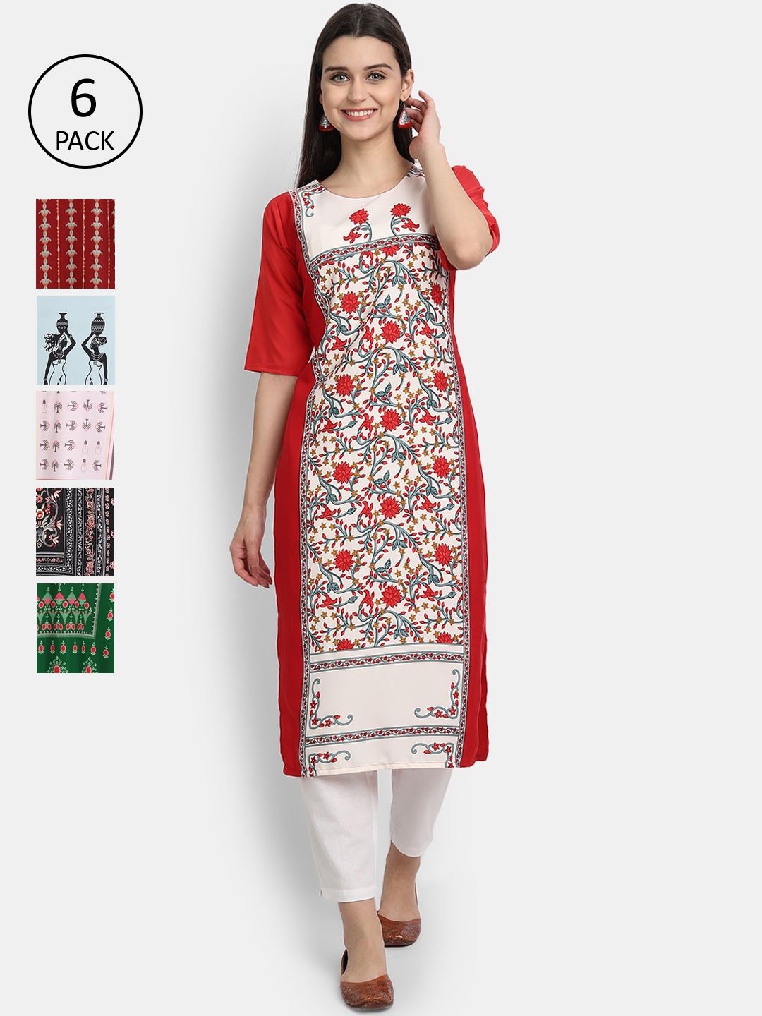 

1 Stop Fashion Women Pack Of 6 Multicoloured Digital Printed Crepe Kurta, Multi