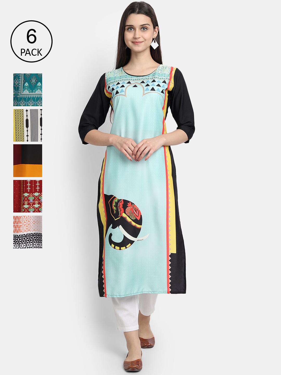

1 Stop Fashion Women Pack of 6 Digital Print Straight Kurtas, Multi