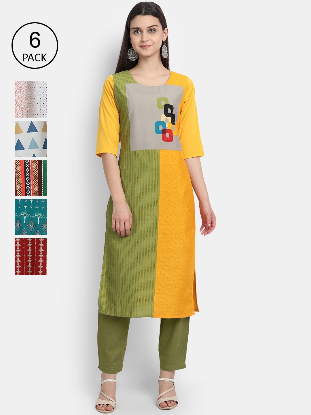 

1 Stop Fashion Women Pack Of 6 Multicoloured Digital Printed Crepe Kurta, Multi