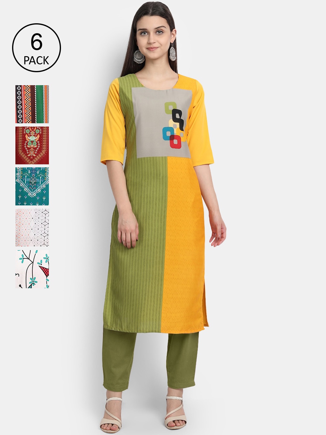 

1 Stop Fashion Women Pack of 6 Digital Print Straight Kurtas, Multi