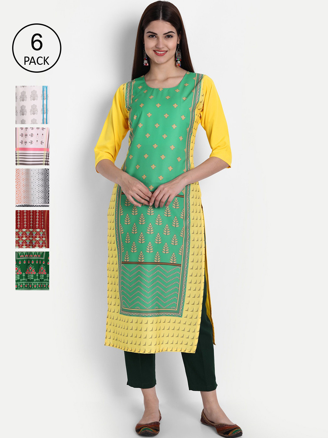 

1 Stop Fashion Women Pack of 6 Digital Print Straight Kurtas, Multi
