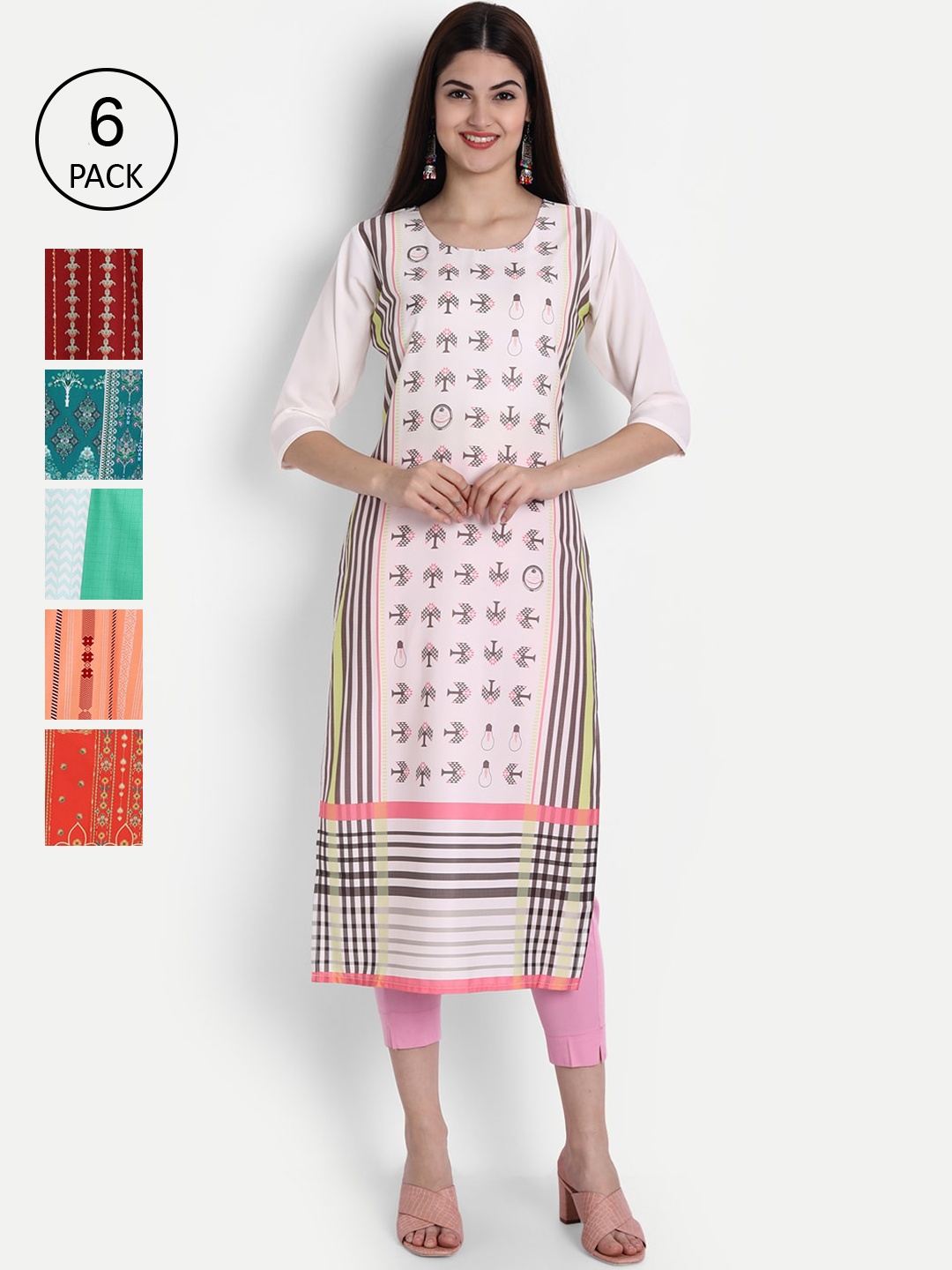 

1 Stop Fashion Women Pack Of 6 Multicoloured Digital Printed Crepe Kurta, Multi