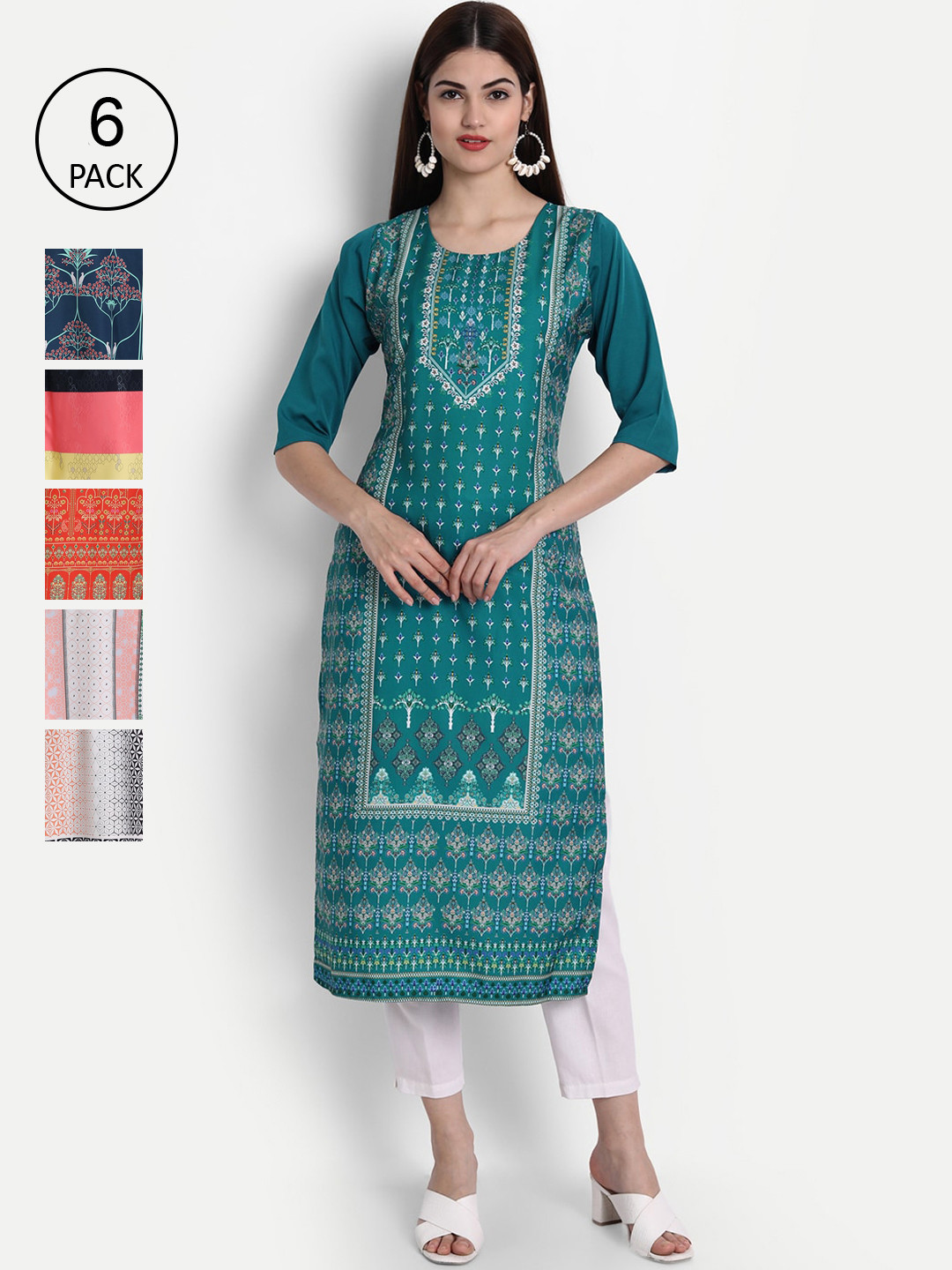 

1 Stop Fashion Women Pack of 6 Digital Print Straight Kurtas, Multi