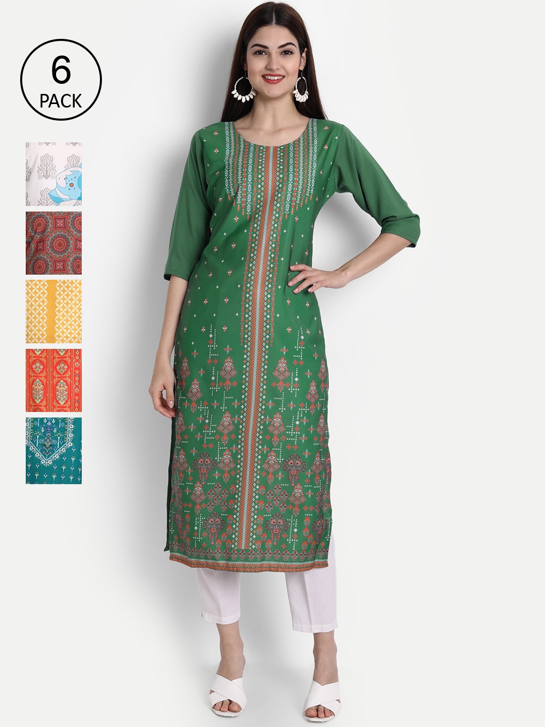 

1 Stop Fashion Women Pack of 6 Digital Print Straight Kurtas, Multi
