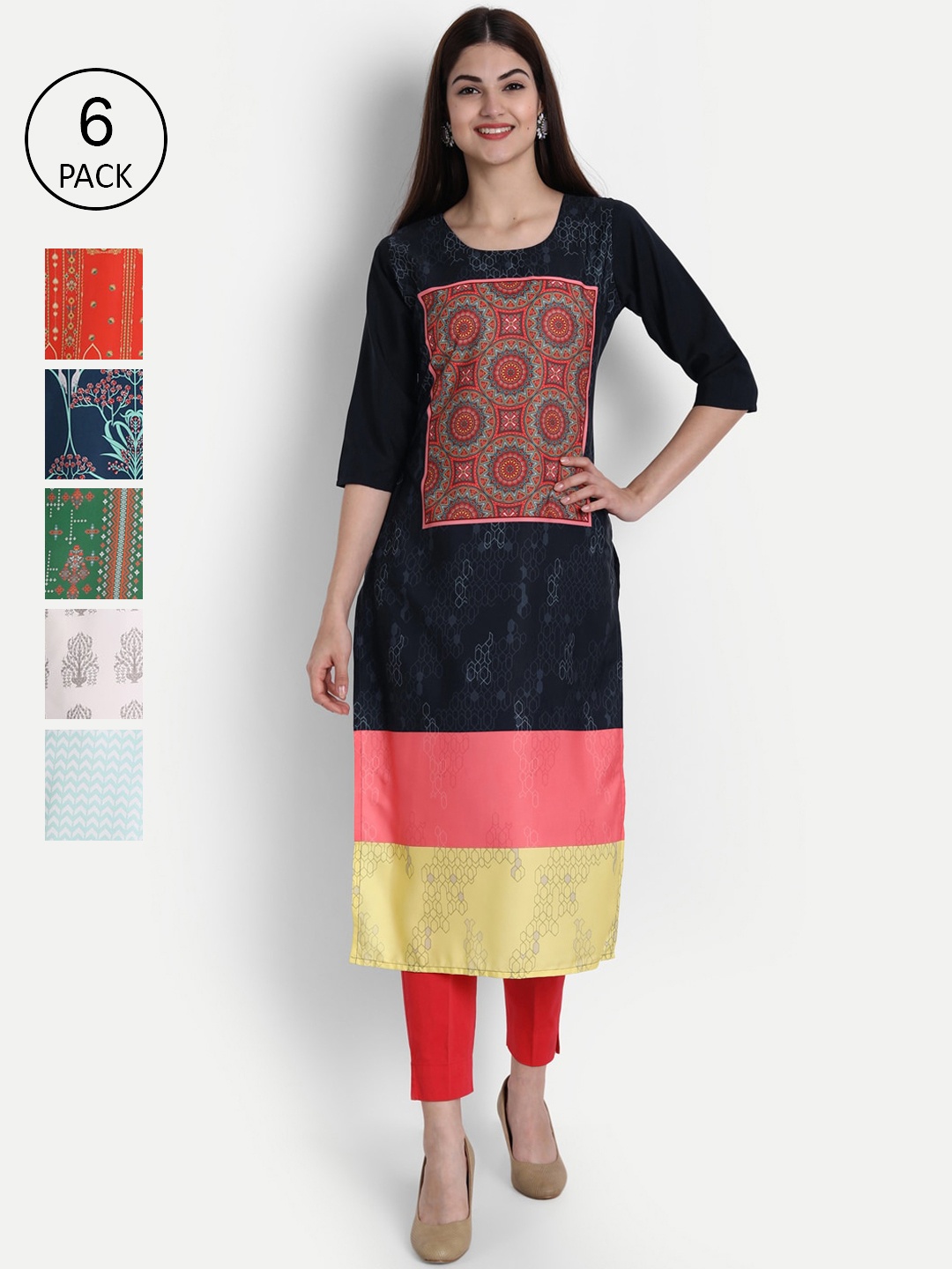 

1 Stop Fashion Women Pack Of 6 Kurtas, Black