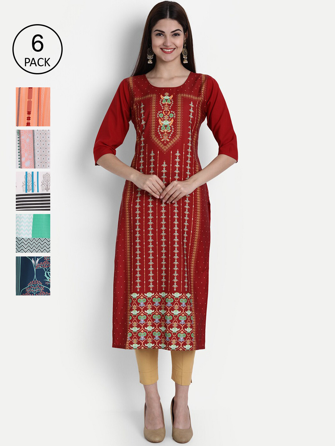 

1 Stop Fashion Women Pack of 6 Multicoloured Printed Straight Kurtas, Multi