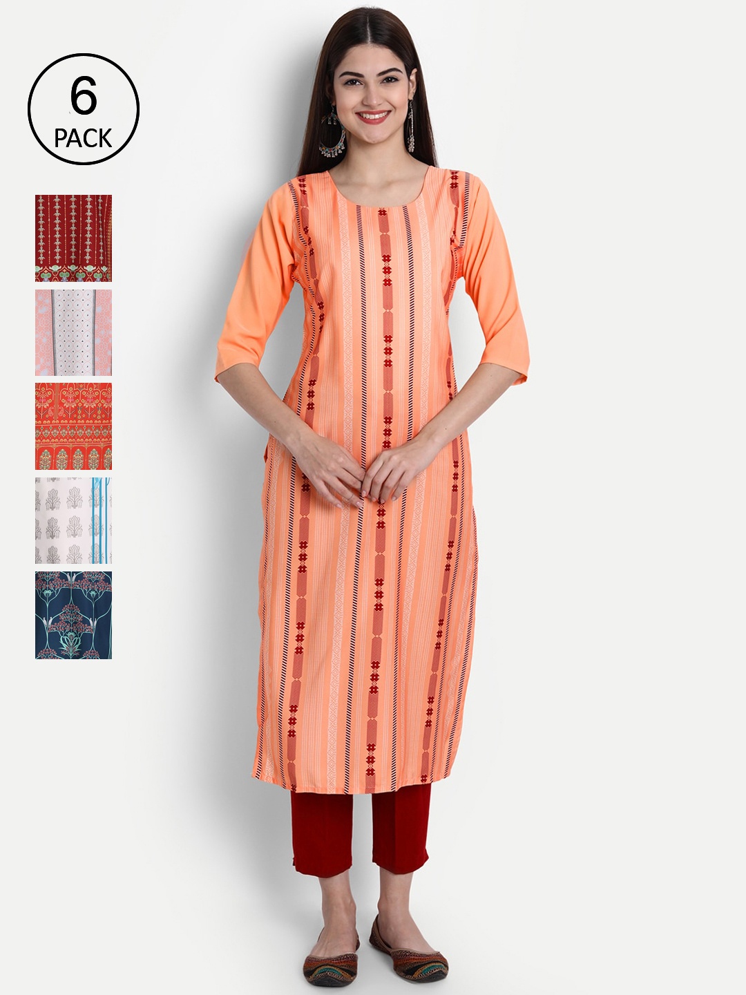 

1 Stop Fashion Women Pack Of 6 Multicoloured Digital Printed Crepe Kurta, Multi