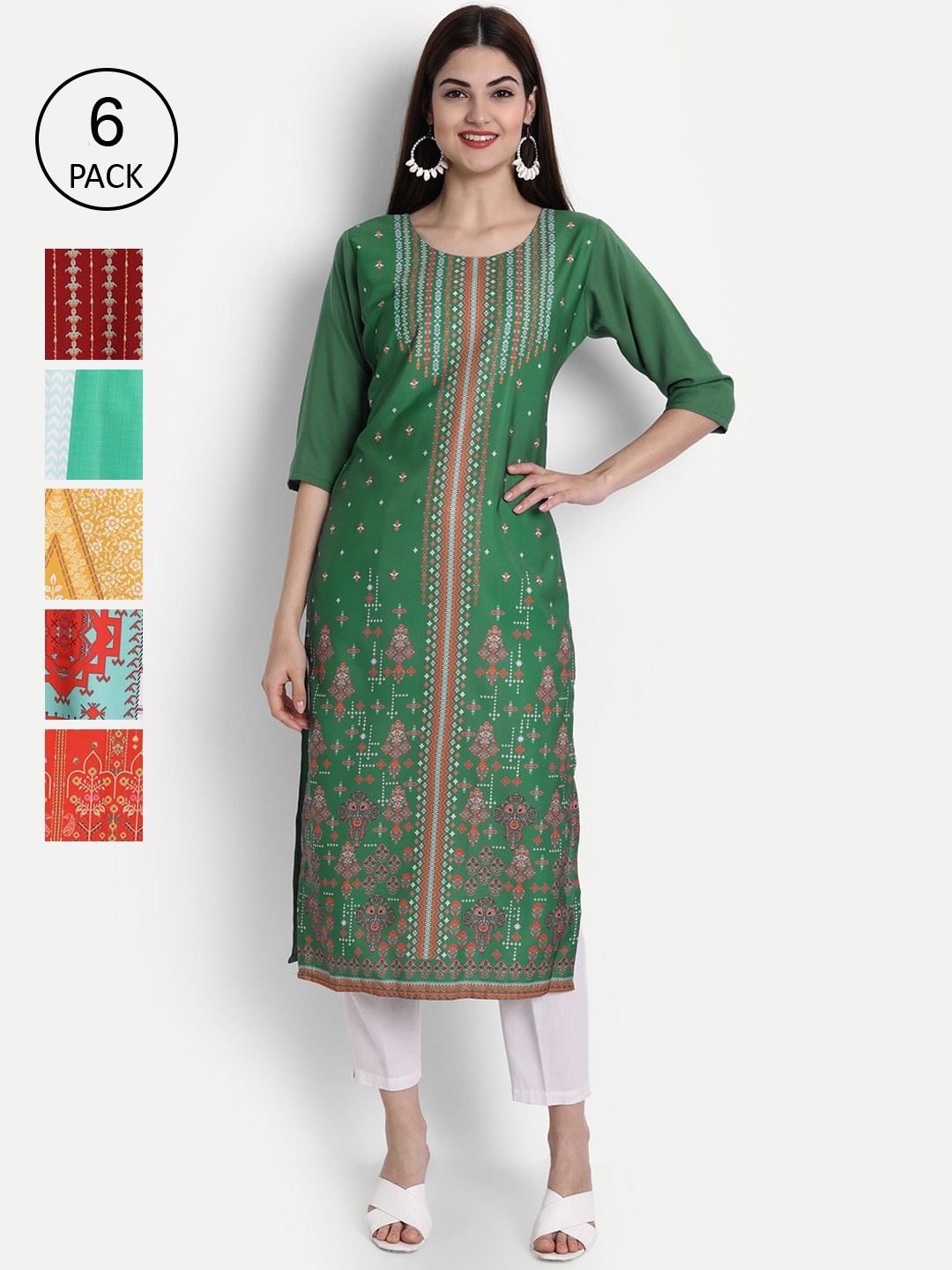 

1 Stop Fashion Women Pack of 6 Digital Print Straight Kurtas, Multi