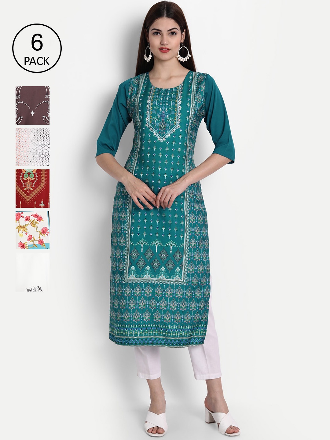 

1 Stop Fashion Women Pack of 6 Digital Print Straight Kurtas, Multi