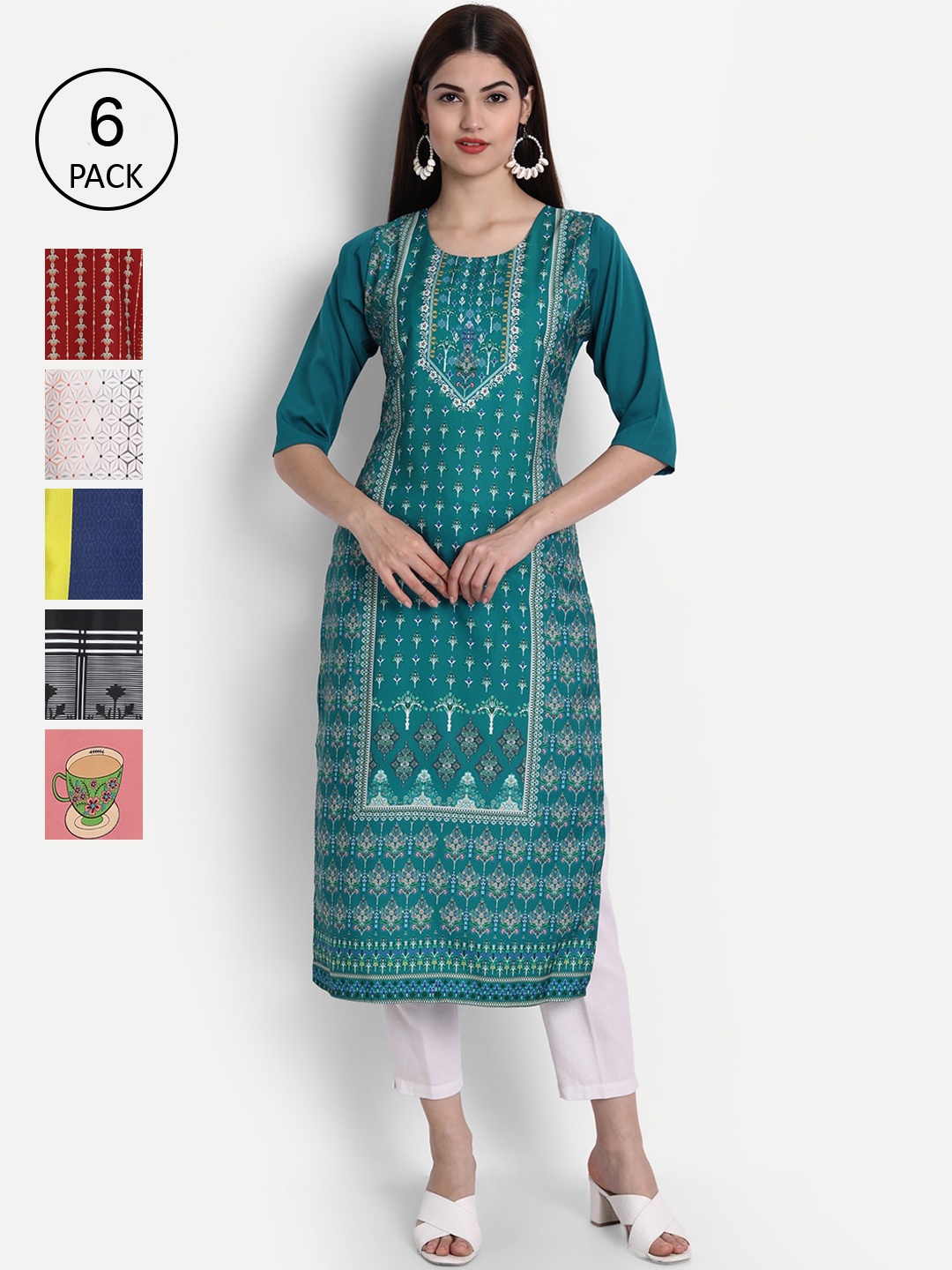 

1 Stop Fashion Women Pack Of 6 Multicoloured Digital Printed Crepe Kurta, Multi