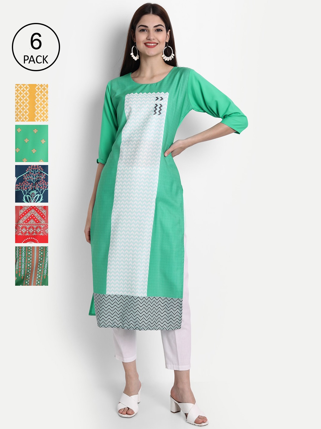 

1 Stop Fashion Women Pack of 6 Digital Print Straight Kurtas, Multi