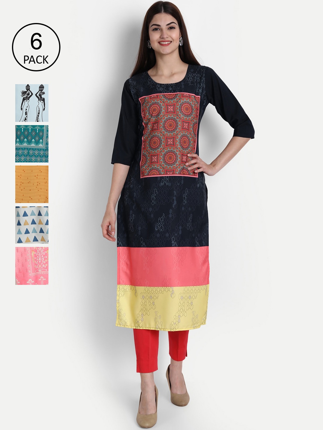 

1 Stop Fashion Women Pack of 6 Digital Print Straight Kurtas, Multi