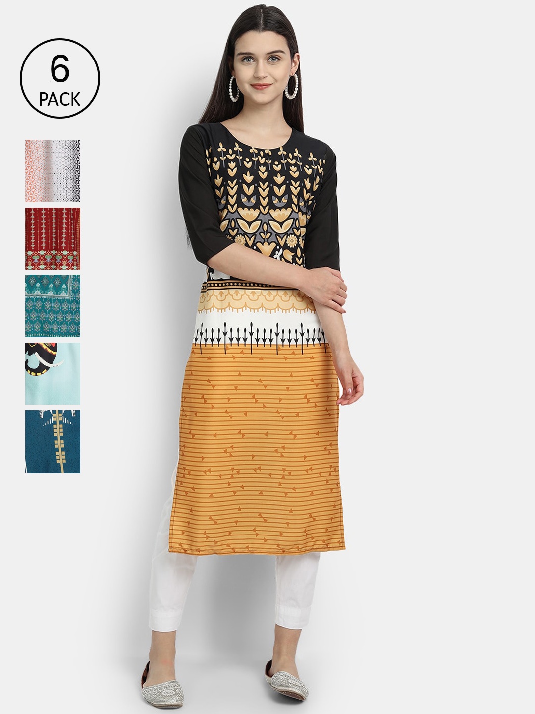 

1 Stop Fashion Women Pack of 6 Multicoloured Printed Straight Kurtas, Multi