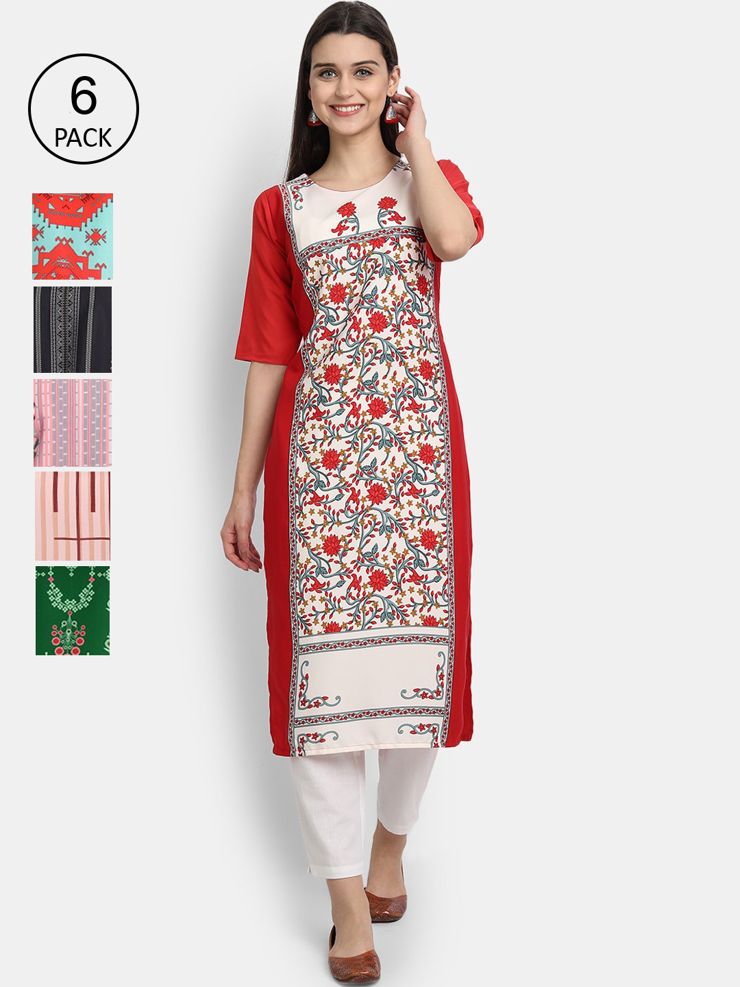 

1 Stop Fashion Women Pack of 6 Digital Print Straight Kurtas, Multi