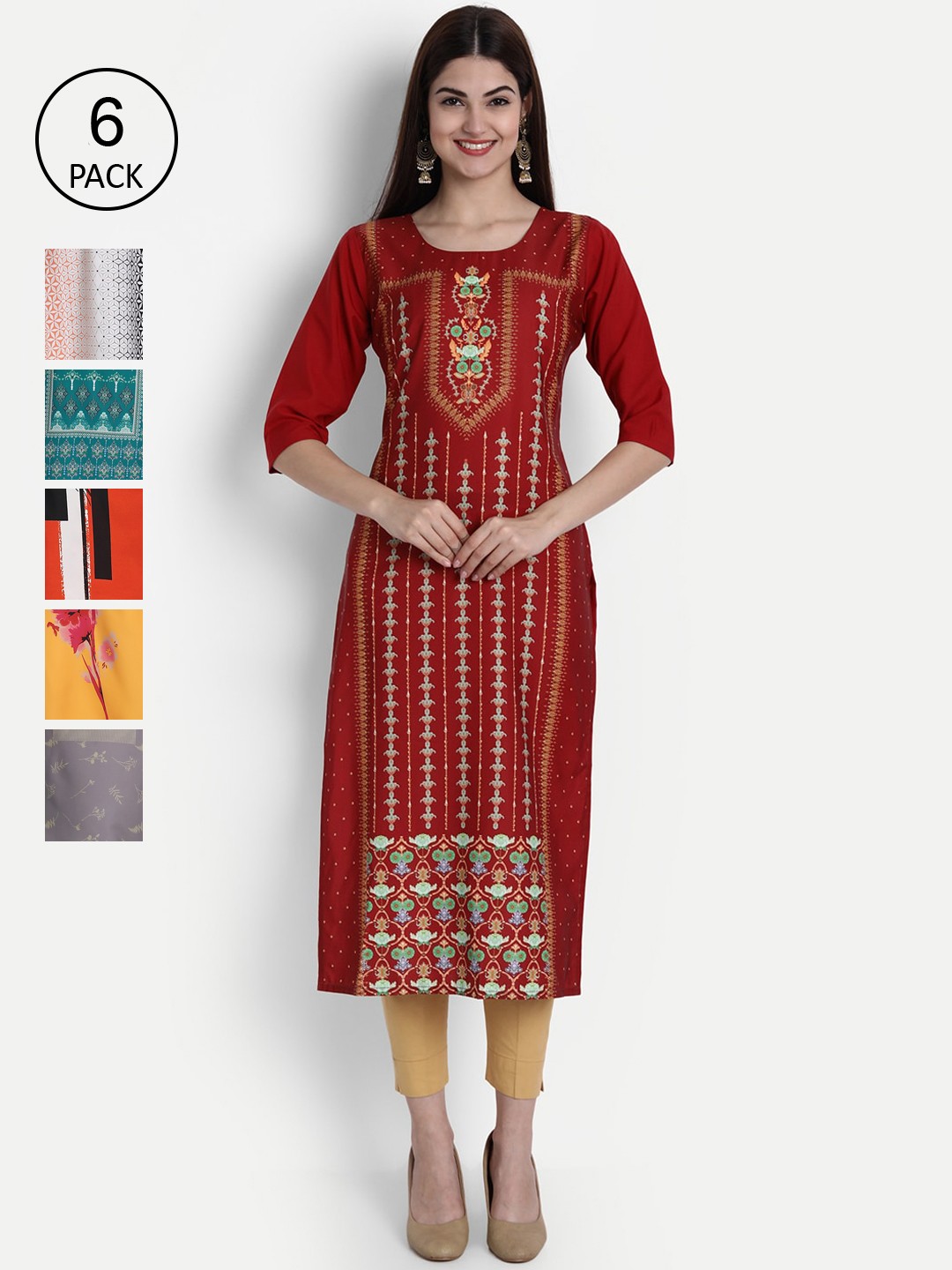 

1 Stop Fashion Women Pack Of 6 Multicoloured Digital Printed Crepe Kurta, Multi