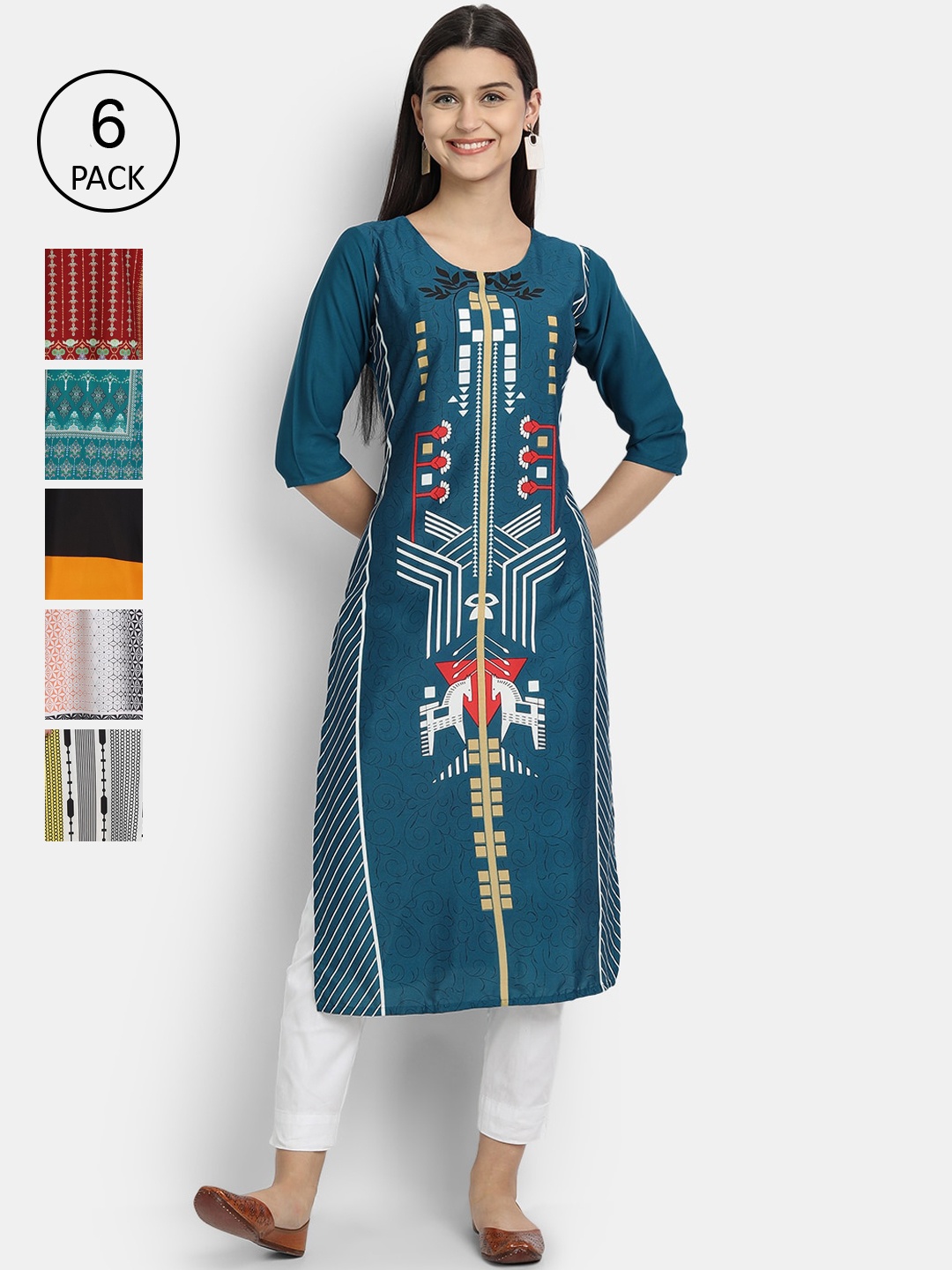 

1 Stop Fashion Women Pack Of 6 Multicoloured Digital Printed Crepe Kurta, Multi