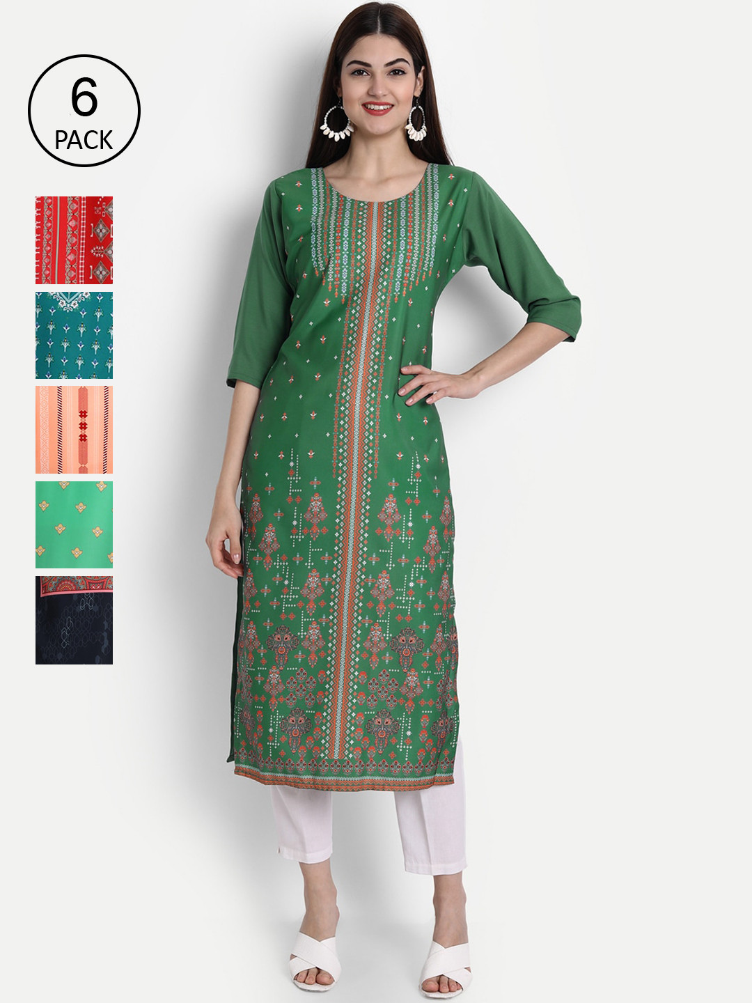 

1 Stop Fashion Women Pack Of 6 Multicoloured Digital Printed Crepe Kurta, Multi