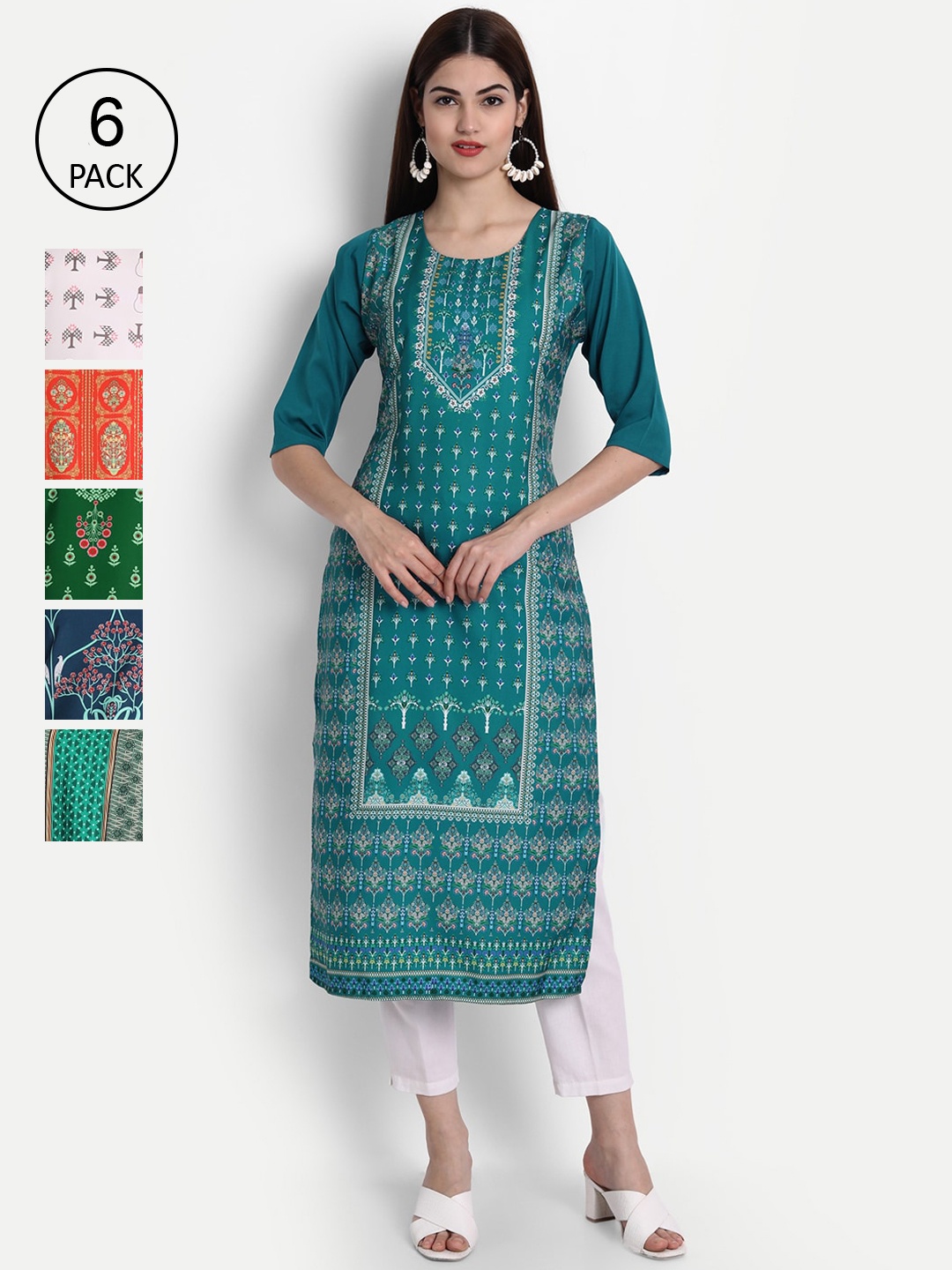 

1 Stop Fashion Women Pack Of 6 Multicoloured Digital Printed Crepe Kurta, Multi