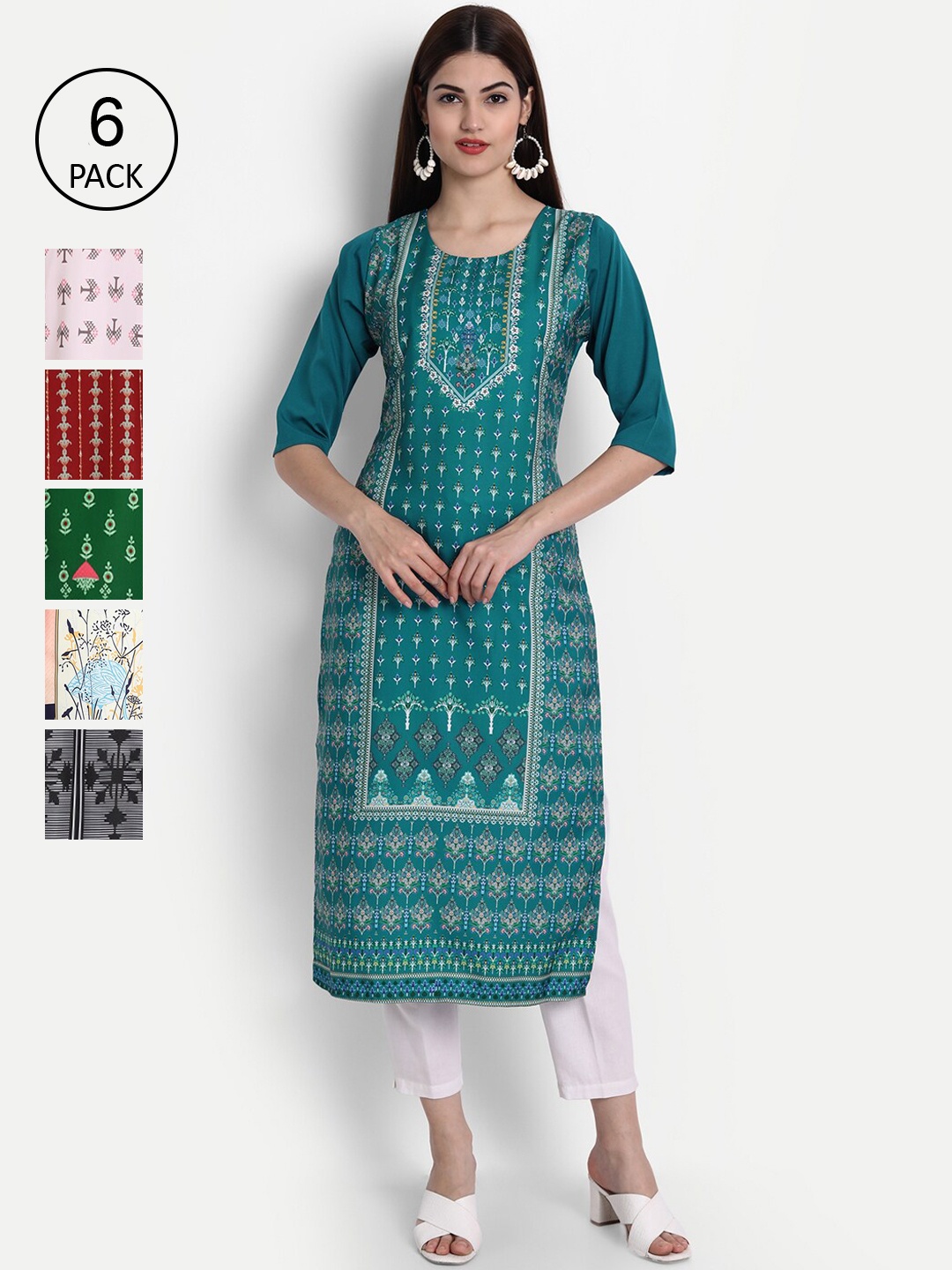 

1 Stop Fashion Women Pack of 6 Digital Print Straight Kurtas, Multi