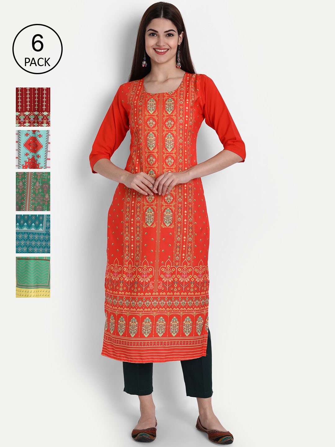 

1 Stop Fashion Women Pack of 6 Multicoloured Printed Straight Kurtas, Multi
