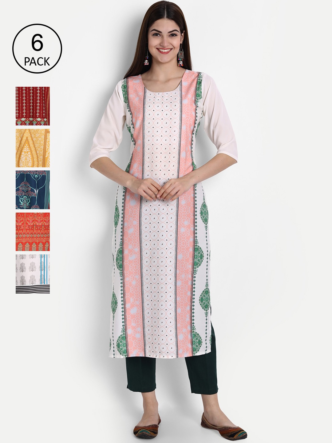 

1 Stop Fashion Women Pack of 6 Digital Print Straight Kurtas, Multi