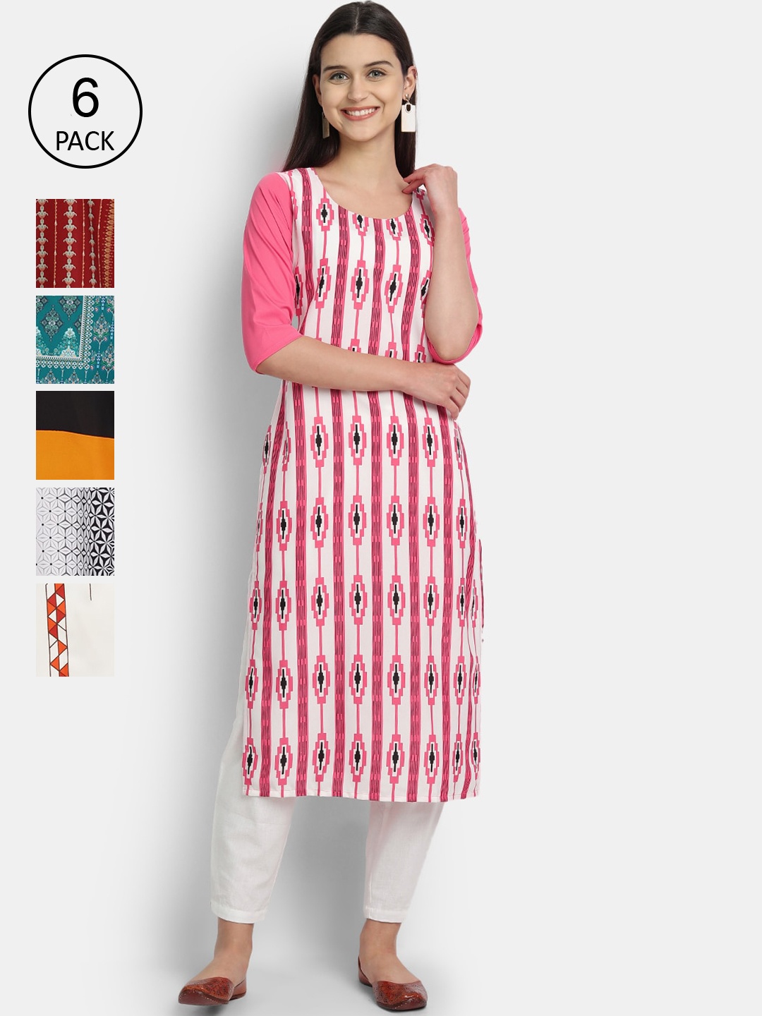 

1 Stop Fashion Women Pack of 6 Digital Print Straight Kurtas, Multi