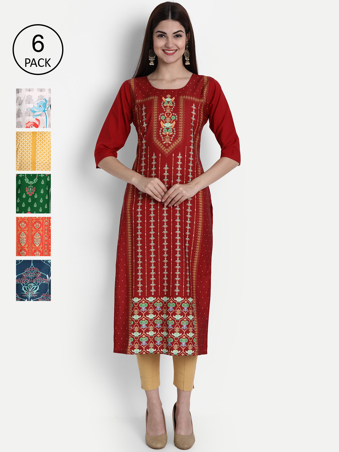 

1 Stop Fashion Women Pack Of 6 Kurtas, Green