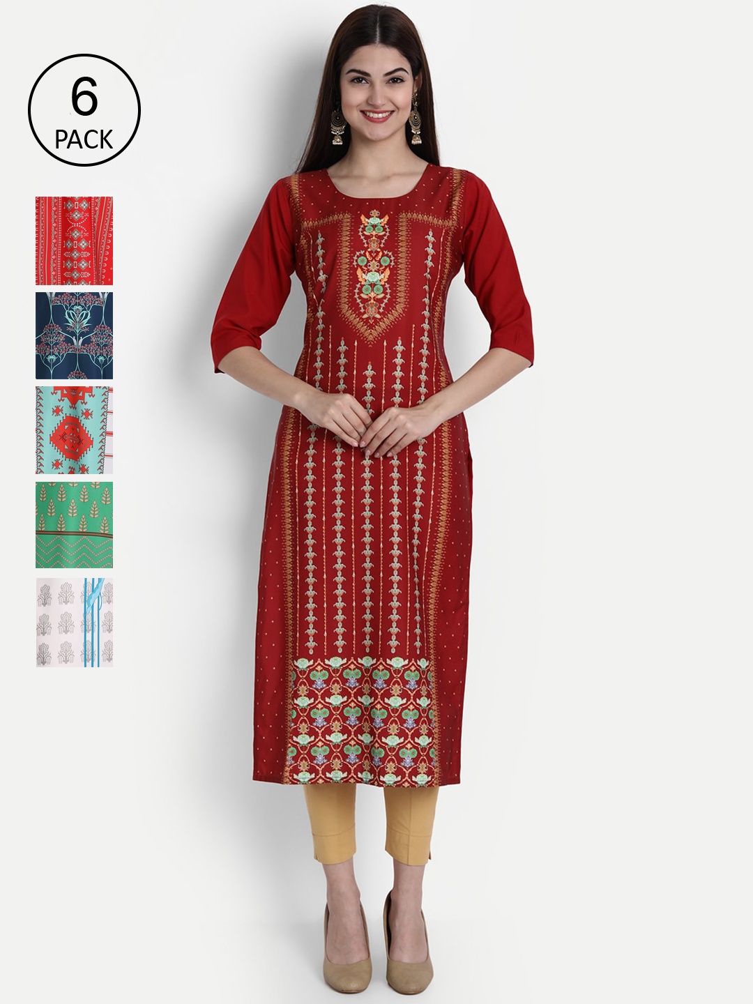 

1 Stop Fashion Women Pack of 6 Digital Print Straight Kurtas, Multi