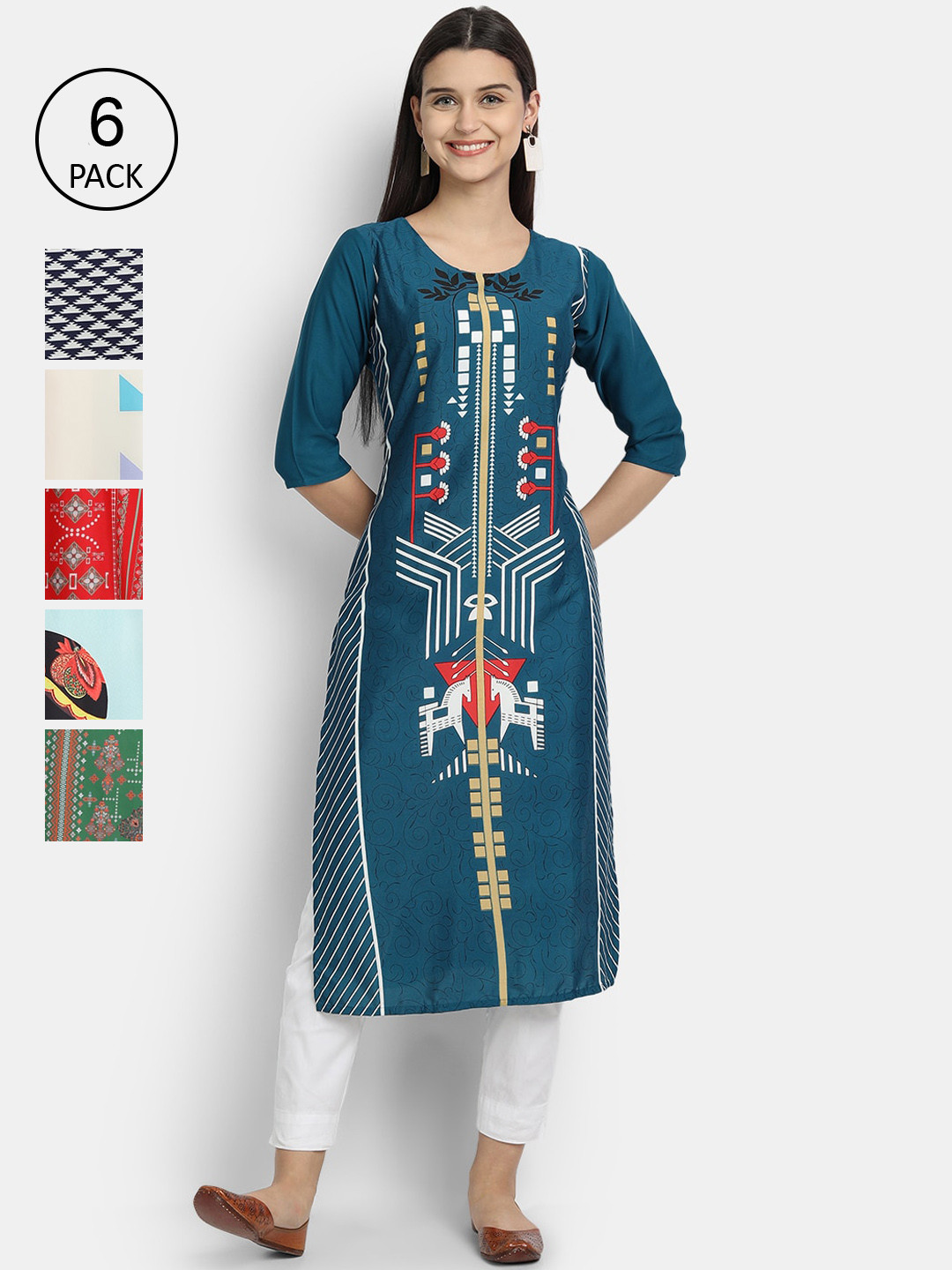 

1 Stop Fashion Women Pack Of 6 Multicoloured Digital Printed Crepe Kurta, Multi