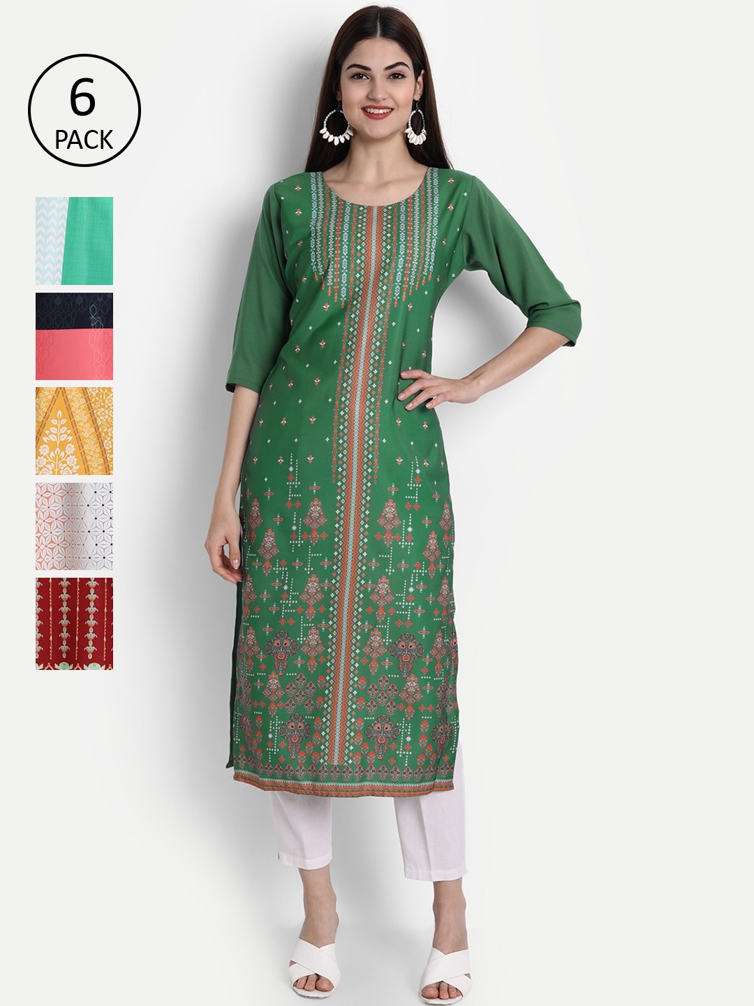 

1 Stop Fashion Women Pack of 6 Digital Print Straight Kurtas, Multi