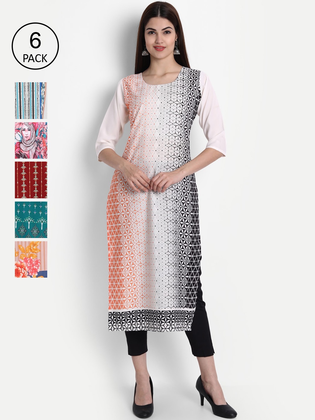 

1 Stop Fashion Women Pack Of 6 Multicoloured Digital Printed Crepe Kurta, Multi