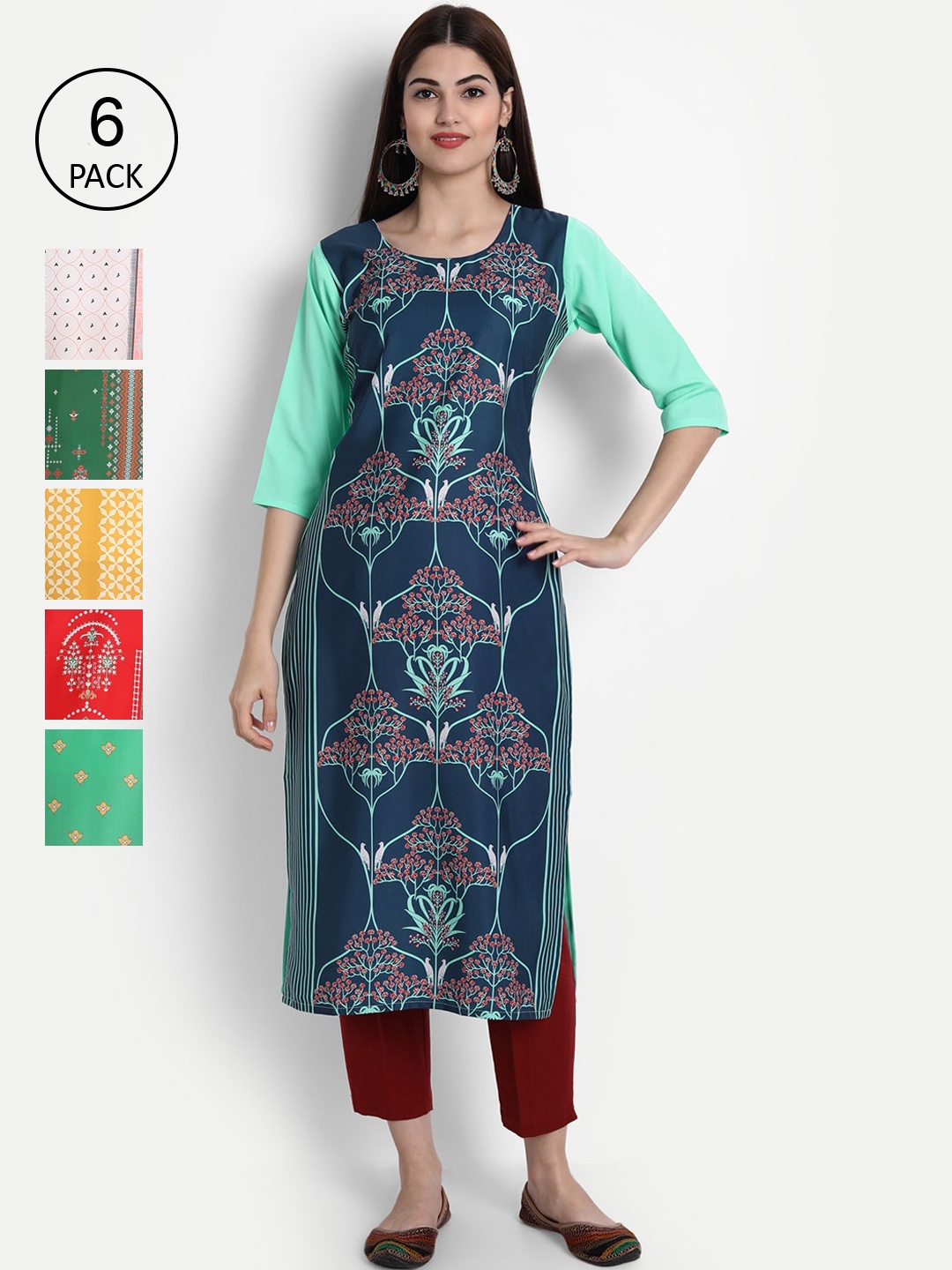 

1 Stop Fashion Women Pack of 6 Digital Print Straight Kurtas, Multi