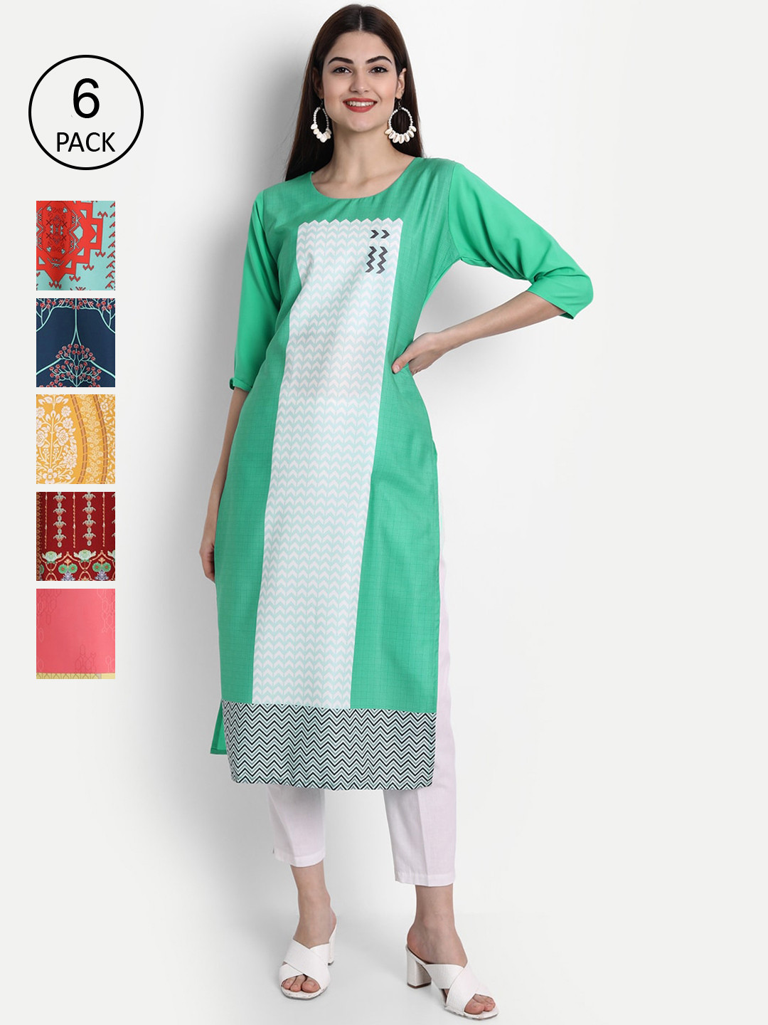 

1 Stop Fashion Women Pack of 6 Digital Print Straight Kurtas, Multi