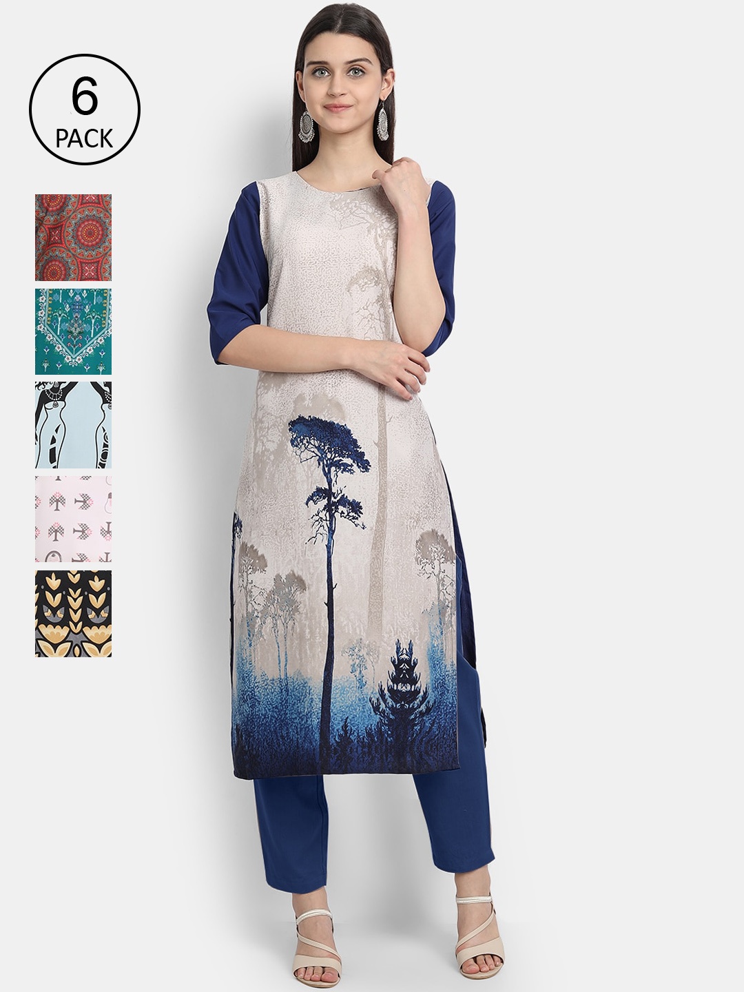 

1 Stop Fashion Women Pack of 6 Digital Print Straight Kurtas, Multi