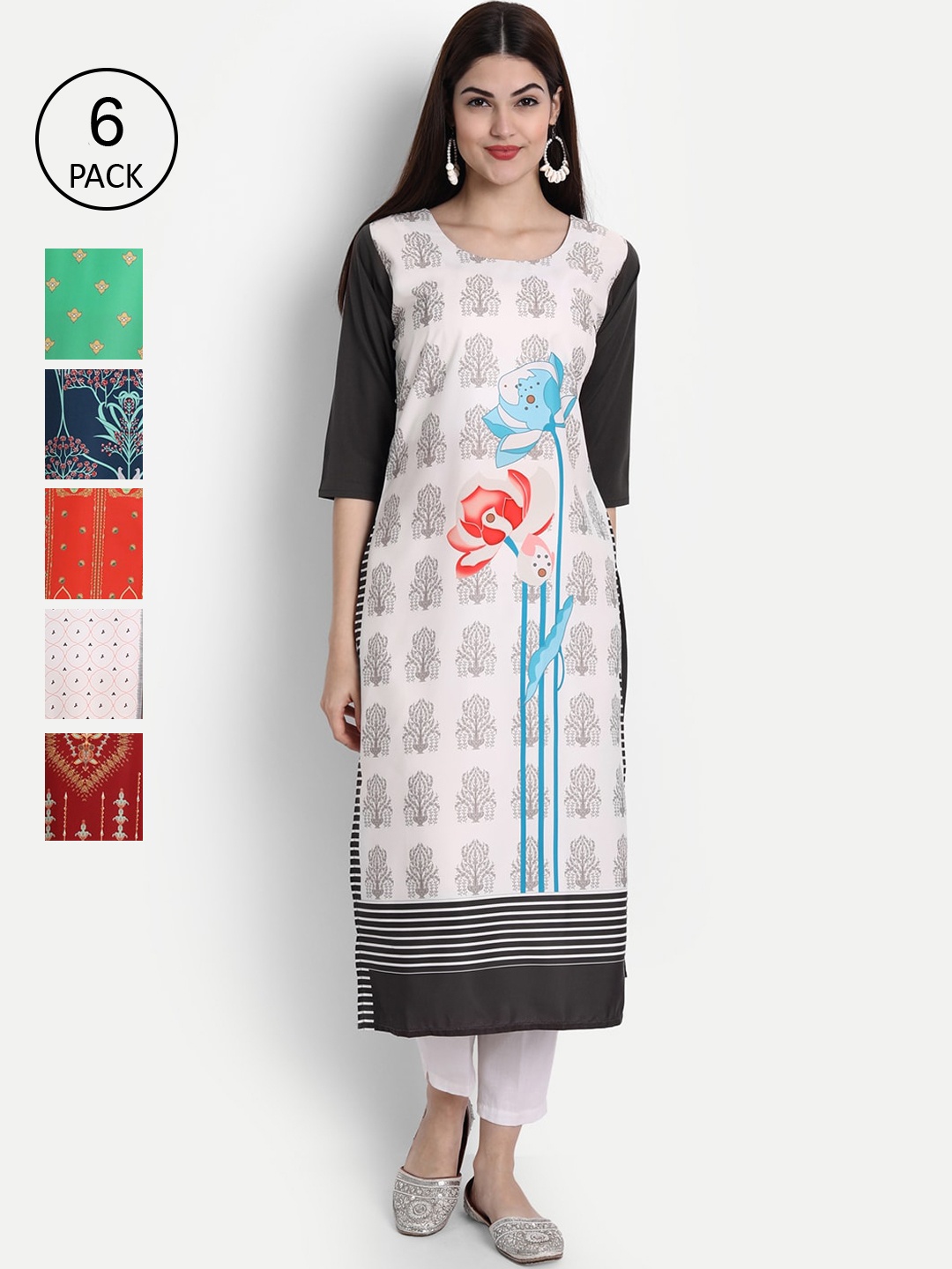 

1 Stop Fashion Women Pack of 6 Digital Print Straight Kurtas, Multi