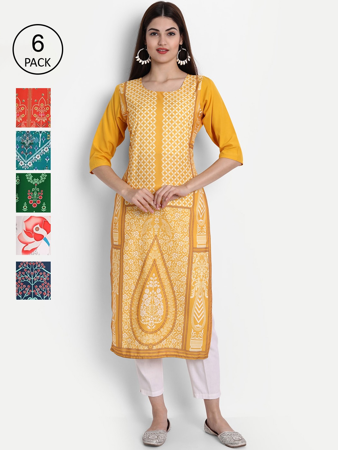 

1 Stop Fashion Women Pack of 6 Digital Print Straight Kurtas, Multi