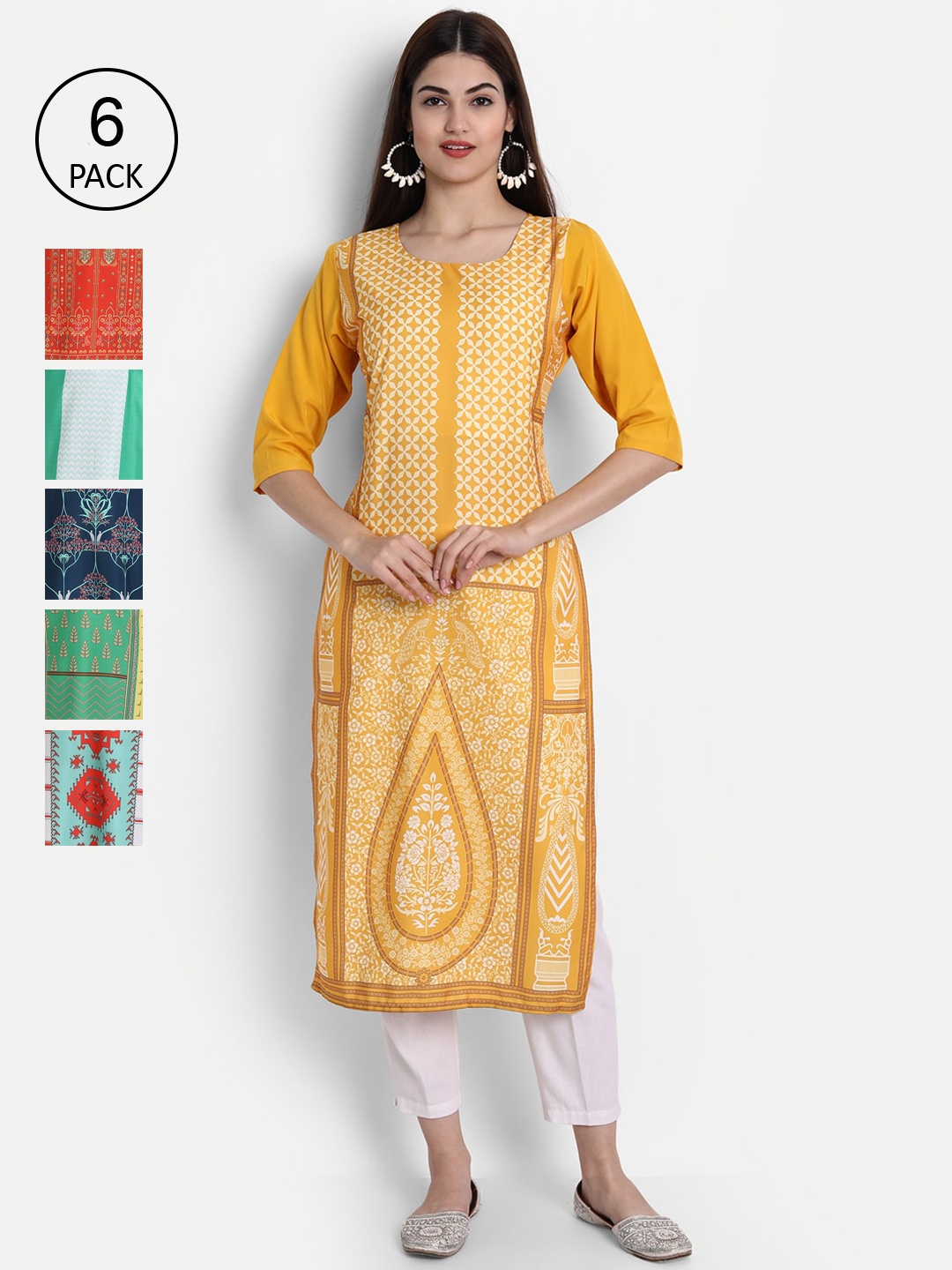 

1 Stop Fashion Women Pack of 6 Digital Print Straight Kurtas, Multi